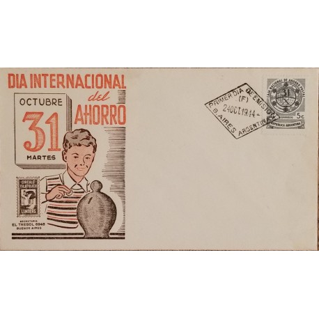 A) 1944, ARGENTINA, INTERNATIONAL DAY OF POSTCARD SAVINGS, FDC, PHILATELIC CIRCLE