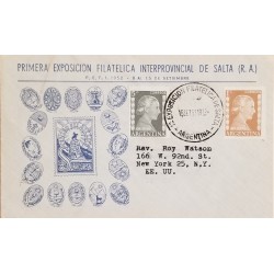 A) 1952, ARGENTINA, FROM SALTO TO NEW YORK-UNITED STATES, FIRST INTERPROVINCIAL PHILATELIC EXHIBITION OF SALTA, EVA PERON STAMP