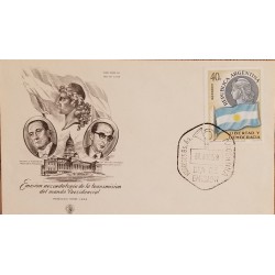 A) 1958, ARGENTINA, FREEDOM AND DEMOCRACY, FDC, TRANSMISSION OF THE PRESIDENTIAL COMMAND, MERCEDES BUENOS AIRES