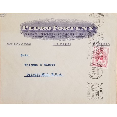 A) 1948, ARGENTINA, FROM ROSARIO TO DITROIT-UNITED STATES, SLOGAN CANCELATION