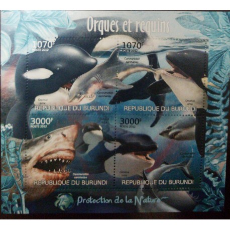 A) 2012, BURUNDI, ORCA KILLER WHALE, SHARK, PERFORATED, SOUVENIR SHEET OF 4 STAMPS, MNH