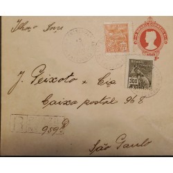 A) 1922, BRAZIL, POSTAL STATIONARY, REGISTERED, SHIPPED TO SAO PAULO, COMMERCE AND AVIATION STAMP