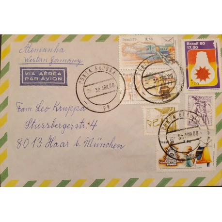 A) 1980, BRAZIL, FROM PORTA GROSSA TO GERMANY, AIRMAIL, DEPARTMENT OF POST AND TELEGRAPHS