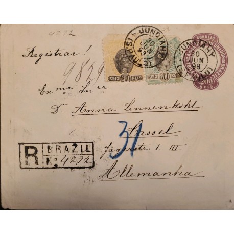 A) 1898, BRAZIL, POSTAL STATIONARY FROM SAO PAULO TO GERMANY, REGISTERED, LIBERTY STAMP
