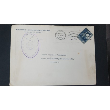 L) 1940 VENEZUELA, PERFIN, CRISTOBAL MENDOZA, BLUE, AIRMAIL, CIRCULATED COVER FROM VENEZUELA TO ARUBA