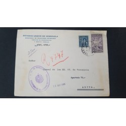 L) 1940 VENEZUELA, PERFIN, DIEGO B . URTBANEJA, 37 1/2 CENTIMOS, COFFE, FARMING, CIRCULATED COVER FROM VENEZUELA TO ARUBA