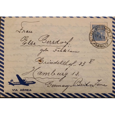 A) 1950, BRAZIL, FROM DOM PEDRO TO HAMBURG-GERMANY, AIRMAIL, IRON AND STEEL INDUSTRY STAMP