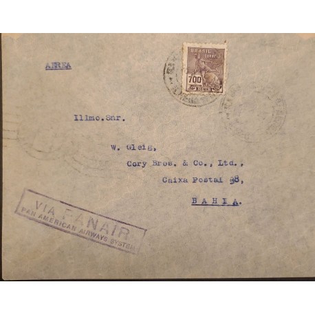 A) 1935, BRAZIL, PANAIR, FROM RIO DE JANEIRO TO BAHIA, AIRMAIL, CANCELLED, COMMERCE STAMP