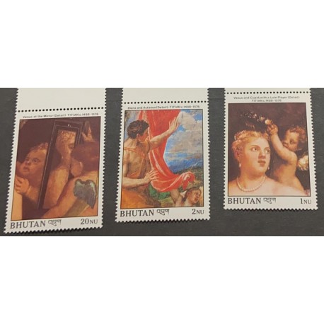 A) 1989, BHUTAN, PAINTER, CENTENARY OF THE BIRTH OF TIZIANO VECELLIO, VENUS AND THE MIRROR
