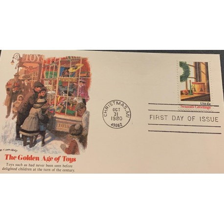 A) 1980, UNITED STATES, FDC, THE GOLDEN AGE OF TOYS, SEASONS GREETINGS