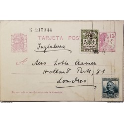 A) 1932, SPAIN, POSTAL STATIONARY, FROM BARCELONA TO LONDON-ENGLAND, BARCELONA'S TOWN HALL, CONCEPCION ARENAL STAMPS
