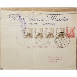 A) 1937, SPAIN, CENSORSHIP MILITARY LAS PALMAS, FROM LAS PALMAS TO ESCOCIA, THE CID AND ISABEL THE CATHOLIC STAMPS