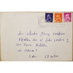 A) 2000, SPAIN, FROM LUGO TO CARIBBEAN, SLOGAN CANCELATION ENTRY YOUR SHIPMENTS IN THE POST CODE, KINH JUAN CARLOS STAMP