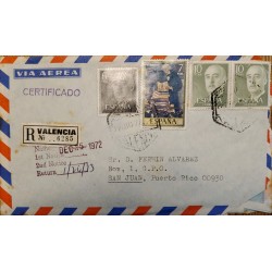 A) 1972, SPAIN, CERTIFICED, FROM VALENCIA TO PORTO RICO, AIRMAIL, REGISTERED 6285, GRAL FRANCO STAMPS