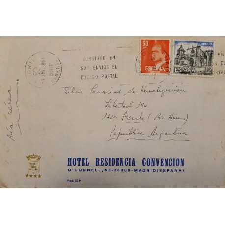 A) 1986, SPAIN, FROM MADRID TO ARGENTINA, AIRMAIL, SLOGAN CANCELATION ENTRY YOUR SHIPMENTS IN THE POST CODE
