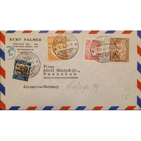 L) 1939 COLOMBIA, COFFEE, 5C, BROWN, 30C, BLUE, COMMUNICATIONS PALACE, SOBRE TASA, GOLD MINES, 10C, ORANGE, AIRMAIL