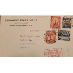 L) 1934 COLOMBIA, PETROLEUM, TOWER, 2C, RED, PLATINUM MINES, 8C, COFFEE, 30C, MANCOMUN, AIRMAIL, CIRCULATED COVER FROM COLOMBIA