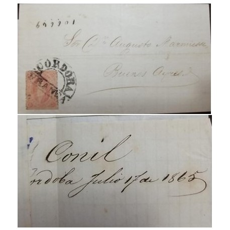 A) 1865, ARGENTINA, FROM BUENOS AIRES TO CORDOBA FRANCA, RIVADAVIA STAMPS
