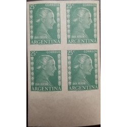 A) 1952, ARGENTINA, EVA PERON, IMPERFORATE, THIN PAPER, BLOCK OF 4, GREEN