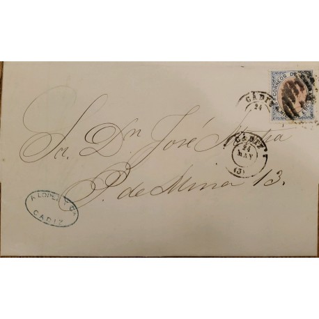 A) 1915 CIRCA, SPAIN, COVER SHIPPED FROM CADIZ, QUEEN ISABELLA II STAMP