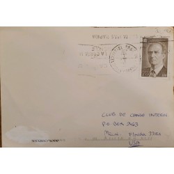 A) 1997, SPAIN, FROM BARCELONA TO MIAMI-UNITED STATES, SLOGAN CANCELATION, KING JUAN CARLOS STAMP