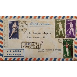 A) 1961, SPAIN, CERTIFIED, FROM LORCA TO CARIBBEAN, REGISTERED, AIRMAIL, PADDLE BALL, ATHLETICS AND GYMNASTICS STAMPS