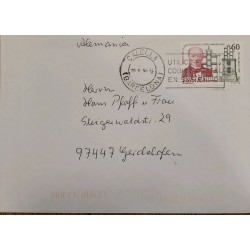 A) 1990, SPAIN, FROM BARCELONA TO GERMANY, SLOGAN CANCELATION USE THE POST CODE IN YOUR SHIPMENT, SEAL DAY STAMP