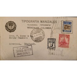 L) 1935 COLOMBIA, SLOGAN CANCELATION THE BEST COFFEE IN THE WORLD, PETROLEUM, 10C, CORDOBA, MANIZALES TYPOGRAPHY, AIRMAIL