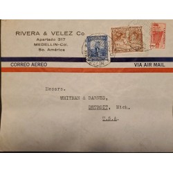 L) 1941 COLOMBIA, COFFEE, 5C BROWN, BLUE, PRE COLOMBIAN MONUMENT, 30C, COMMUNICATIONS PALACE, AIRMAIL, CIRCULATED COVER