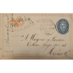 J) 1849 MEXICO, POSTCARD, NUMERAL, 5 CENTS BLUE, CIRCULATED COVER, FROM TAMPICO TO MEXICO