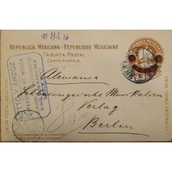 J) 1884 MEXICO, 3 CENTS BROWN, EAGLE, POSTCARD, POSTAL STATIONARY, CIRCULATED COVER, FROM MEXICO TO GERMANY