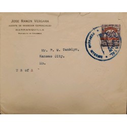 L) 1925 COLOMBIA, COAT OF ARMS, OVERPRINT PRIVISIONAL, 4C, EAGLE, CIRCULATED COVER FROM COLOMBIA TO USA