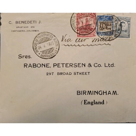 L) 1935 COLOMBIA, CORDOBA, 10C, PETROLEUM, TOWER, COFFEE, 30C, BLUE, AIRMAIL, CIRCULATED COVER FROM COLOMBIA TO ENGLAND