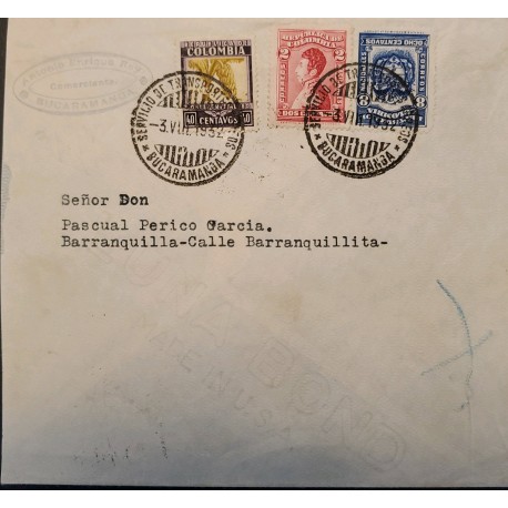 L) 1932 COLOMBIA, NARIÑO, 2C, COAT OF ARMS, 8C, BLUE, BANANA, 40C, CIRCULATED COVER FROM BUCARAMANGA TO BARRANQUILLA
