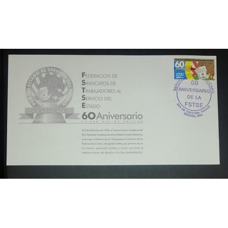 A) 1998, MEXICO, FEDERATION OF STATE WORKERS UNIONS, FDC, POSTMARK OF THE 60TH ANNIVERSARY OF THE FEDERATION