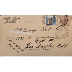 L) 1935 COLOMBIA, COFFEE, BROWN, 5C, 30C, SURCHARGE, BLUE, AIRMAIL, MANCOMUN, CIRCULATED COVER FROM COLOMBIA TO CALIFORNIA