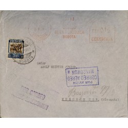 L) 1937 COLOMBIA, COFFEE, 30C, BLUE, SURCHARGE, MANCOMUN, AIRMAIL, CIRCULATED COVER FROM COLOMBIA TO GERMANY