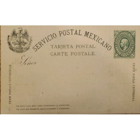 J) 1887 MEXICO, HIDALGO HEAD, MEDALLON, EAGLE, MEXICAN POSTAL SERVICE, POSTAL STATIONARY, POSTCARD