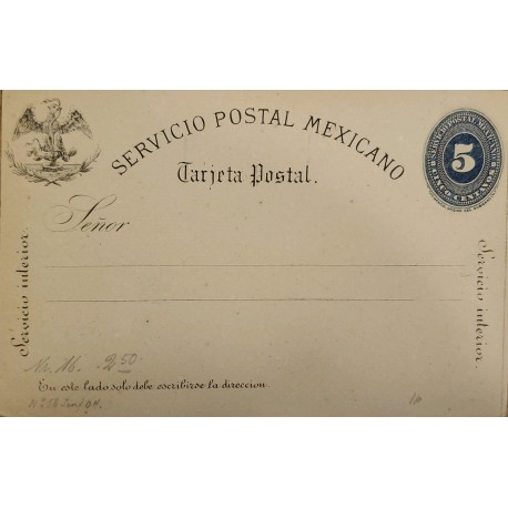 J) 1885 MEXICO, NUMERAL, 5 CENTS BLUE, POSTCARD, POSTAL STATIONARY, EAGLE, INTERIOR SERVICE, XF