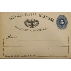 J) 1885 MEXICO, NUMERAL, 5 CENTS BLUE, EAGLE, INTERIOR SERVICE, POSTCARD, POSTAL STATIONARY
