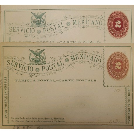 J) 1885 MEXICO, NUMERAL 2 CENTS ORANGE, EAGLE, SET OF 2 POSTCARD, POSTAL STATIONARY, UNIVERSAL POSTAL UNION