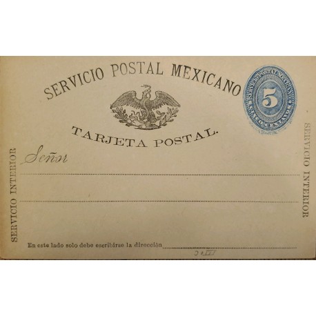 J) 1887 MEXICO, NUMERAL 5 CENTS BLUE, INTERIOR SERVICE, POSTAL STATIONARY, POSTCARD