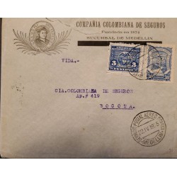 L) 1925 COLOMBIA, 3 CENTAVOS, BLUE, COAT OF ARMS, SCADTA, NATURE, AIRPLANE, CIRCULATED COVER FROM MEDELLIN TO BOGOTA