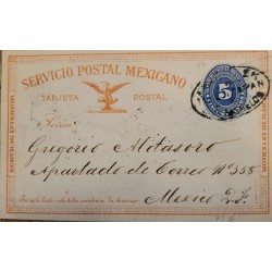 J) 1888 MEXICO, NUMERAL, 5 CENTS BLUE, EAGLE, INTERIOR SERVICE, CIRCULATED COVER, FROM MORELOS TO MEXICO