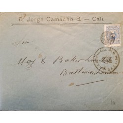 L) 1911 COLOMBIA, BLUE, NUMERAL 5, 5 CENTS, CIRCUALTED COVER FROM CALI TO LONDON XF