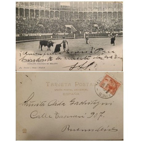 A) 1905, ARGENTINA, POSTCARD, COVER SHIPPED TO BUENOS AIRES, PHOTOGRAPH OF MADRID BULLFIGHT, LIBERTY STAMP