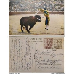 A) 1948, SPAIN, AIRMAIL, POSTCARD, FROM SEVILLA TO BUENOS AIRES-ARGENTINA, GRAL FRANCO STAMPS, BULLFIGHT FLAGS PHOTOGRAPHY