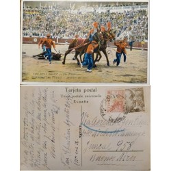 A) 1948, SPAIN, POSTCARD, FROM SAN SEBASTIAN TO BUENOS AIRES, BULLFIGHT-BULL DRAG, THE CID AND GRAL FRANCO STAMPS