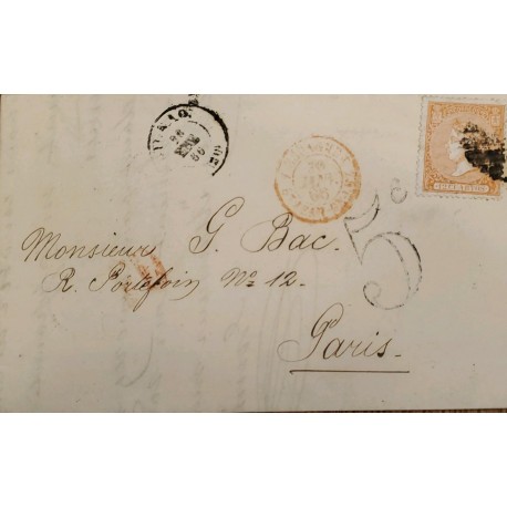 A) 1899, SPAIN, FROM TARRAGONA TO PARIS, CANCELLATION STAMP IN ORANGE, LIBERTY STAMP