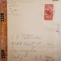 L) 1943 COSTA RICA, FRANCISCO MORAZAN, 15 CENTS, RED, CENSORSHIP, CIRCULATED COVER FROM COSTA RICA TO USA
